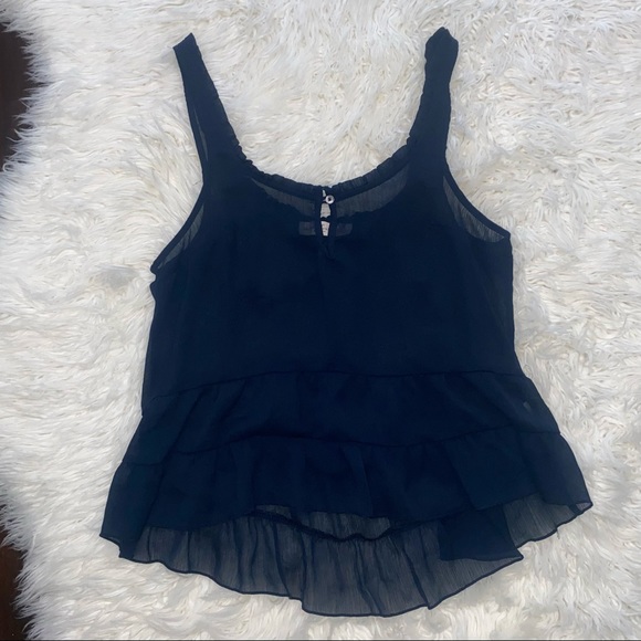 Abercrombie & Fitch | Sheer Peplum Tank Top Ruffle Eyelet Blouse Navy Blue - Picture 4 of 14